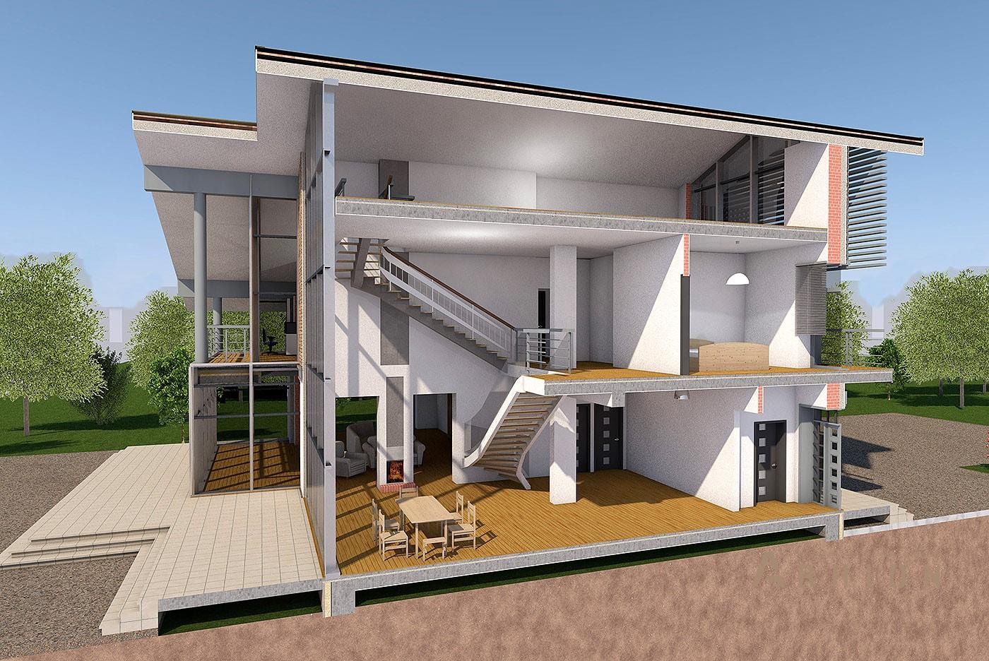 6. Проект двухэтажного дома в стиле шале с двускатной кровлей, av-650, площадью - 650 кв c цокольным этажом, мансардой, сауной, терассой, балконом, гаражом, эркером, вторым светом